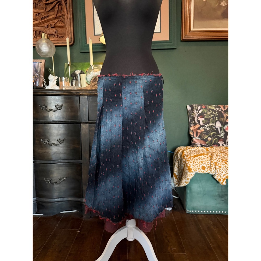 Hazel‎ Denim Midi Skirt Blue Red Distressed Frayed Layered Boho Grunge Womens L